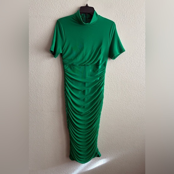 Elegant Stand Collar Green Bodycon Ruched Dress L - Picture 4 of 13
